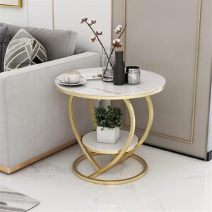 Home al hama edeueque decorative accent coffee table simple modern bedside cabinet round table wooden top and metal frame table living room sofa side table. (white top and gold frame)